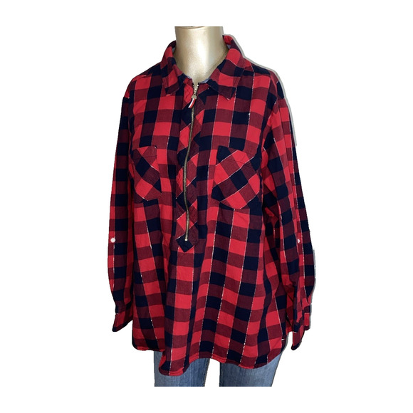 Tommy Hilfiger Women's Red Navy Blue Check 1/2 Zip Up Popover Top Size 0X Plus - Picture 1 of 7
